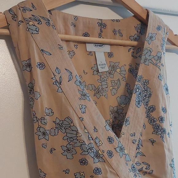 Vintage Cottagecore V neck floral pattern sleeveless top blouse tan blue L - Picture 2 of 5